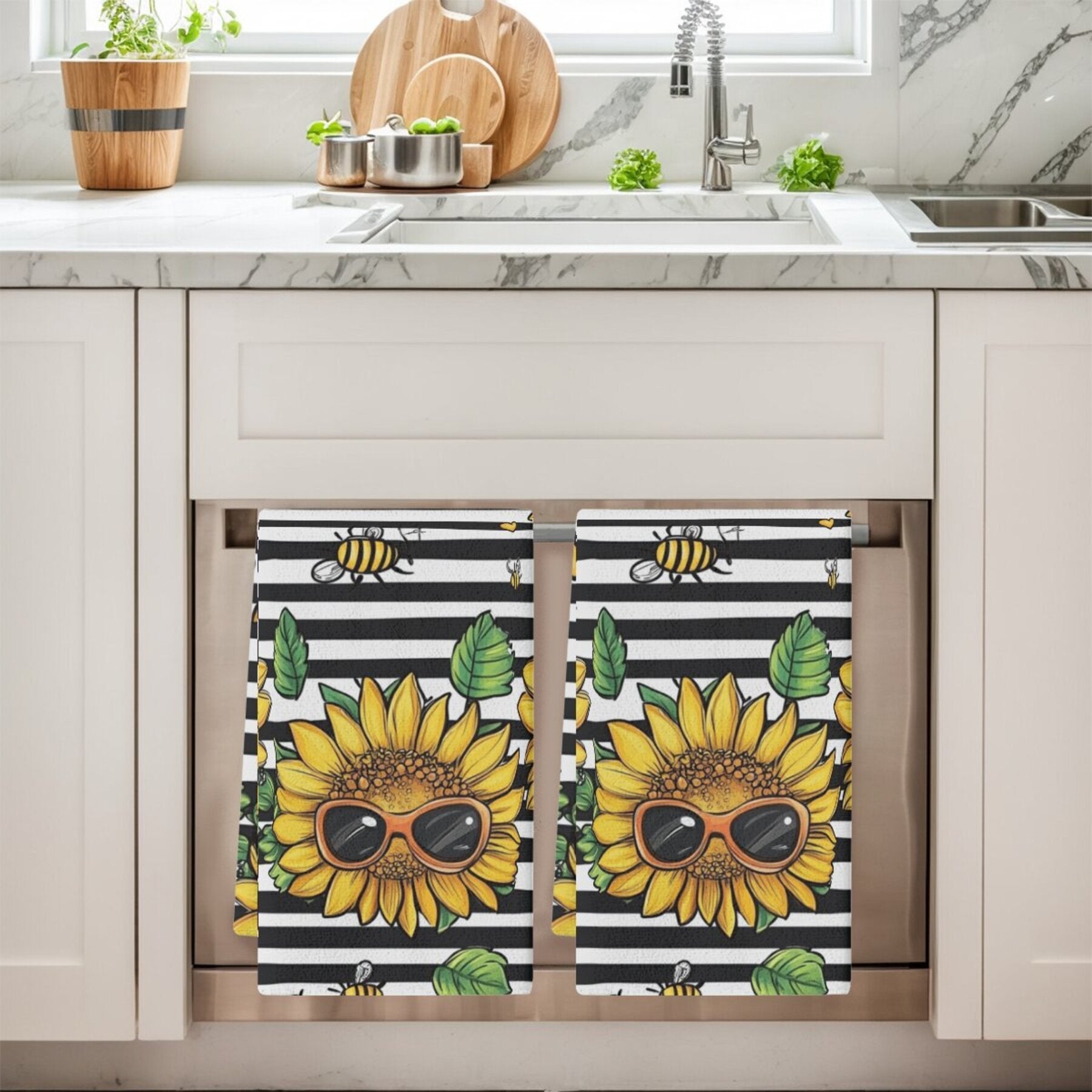 Sunflower Pattern Dish Cloths Set, Woven Polyester Kitchen Towels, Hand Wash