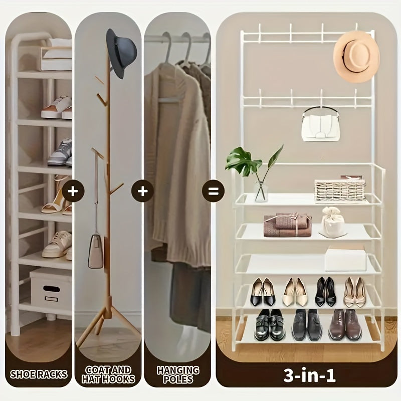 8 ta ilgich va javon bilan mustahkam osma va poyabzal saqlash, uy kirish joylari, vestibyul, yotoqxona va hammomlarda palto va poyabzallarni tartibga solish uchun ideal. O'rnatish talab qilinmaydi.