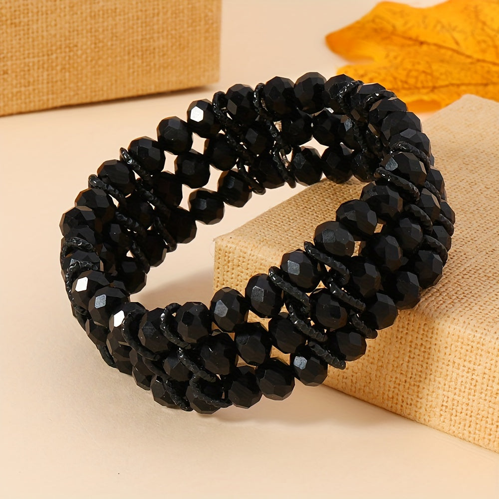 Women’s Black Beaded Boho Stretch Bracelet Aluminum Alloy Crystal Jewelry