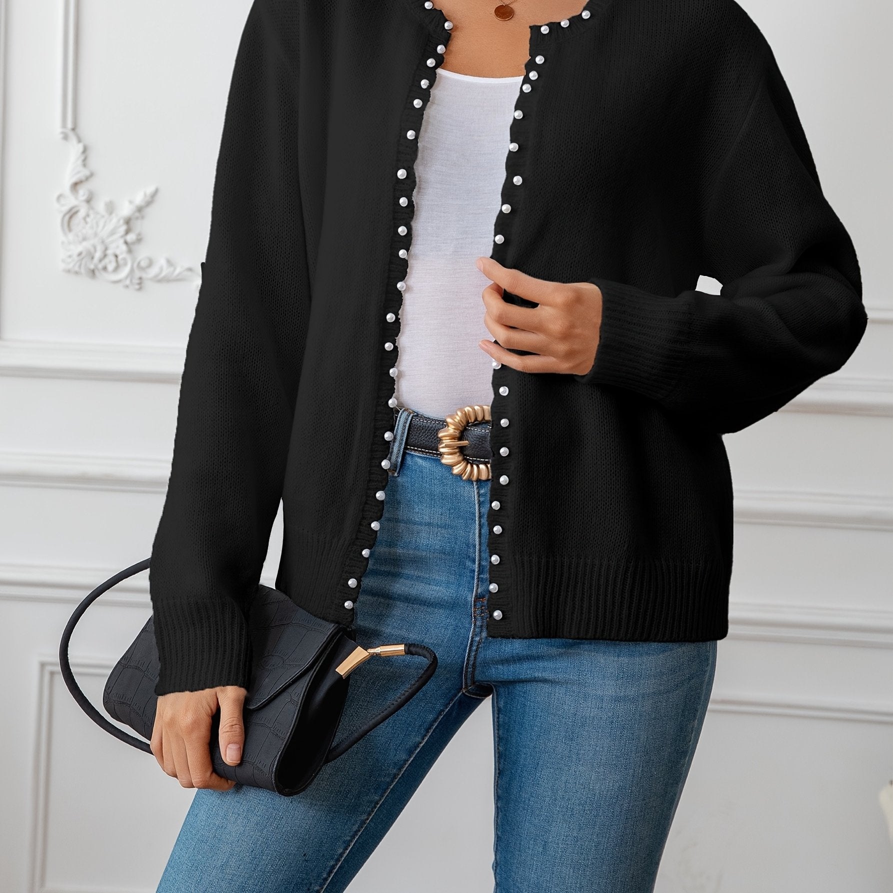 Women's Oversized Cozy Knit Cardigan with White Trim Navy Blue Winter Layering