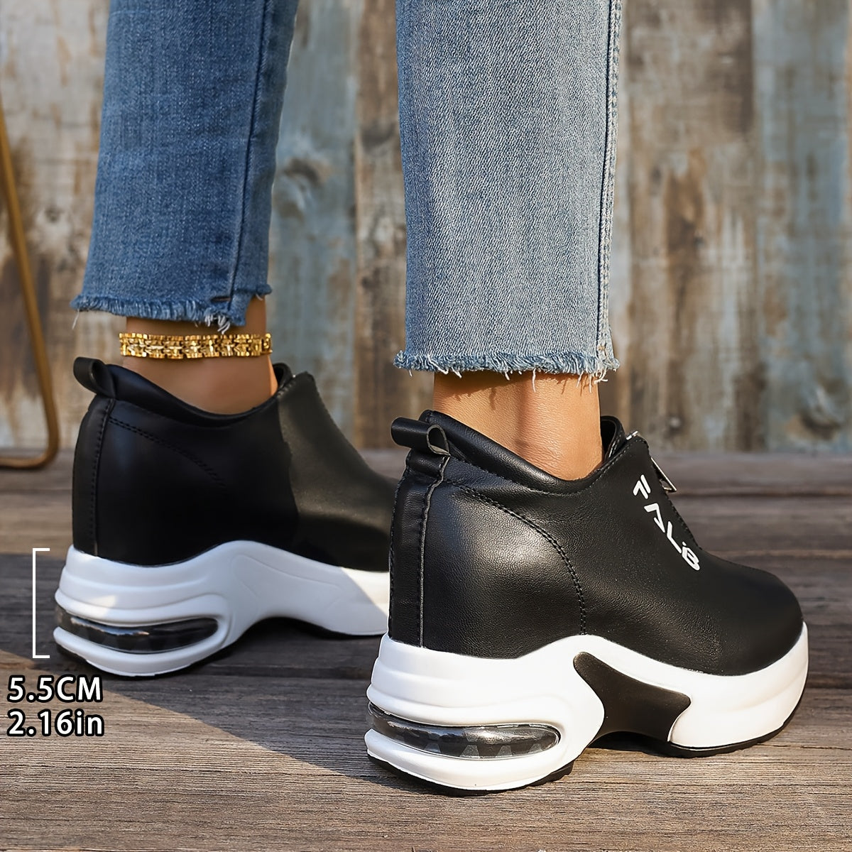 Women's Fashion Sneakers with Air Cushion Zipper Closure Solid Low Top Rubber Sole
