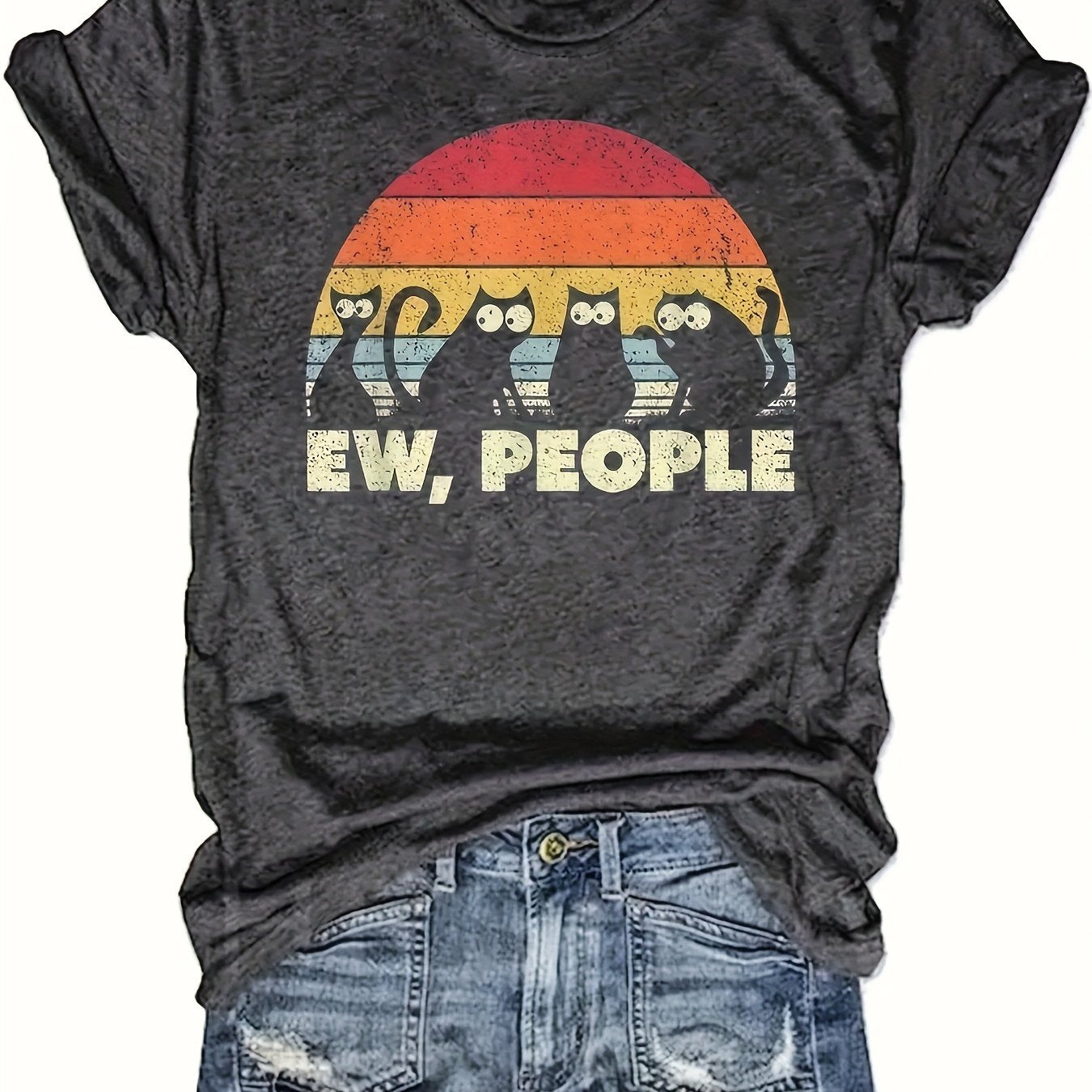 Women's Plus Size Cotton Cartoon Cat Print T-Shirt Short Sleeve Casual Top