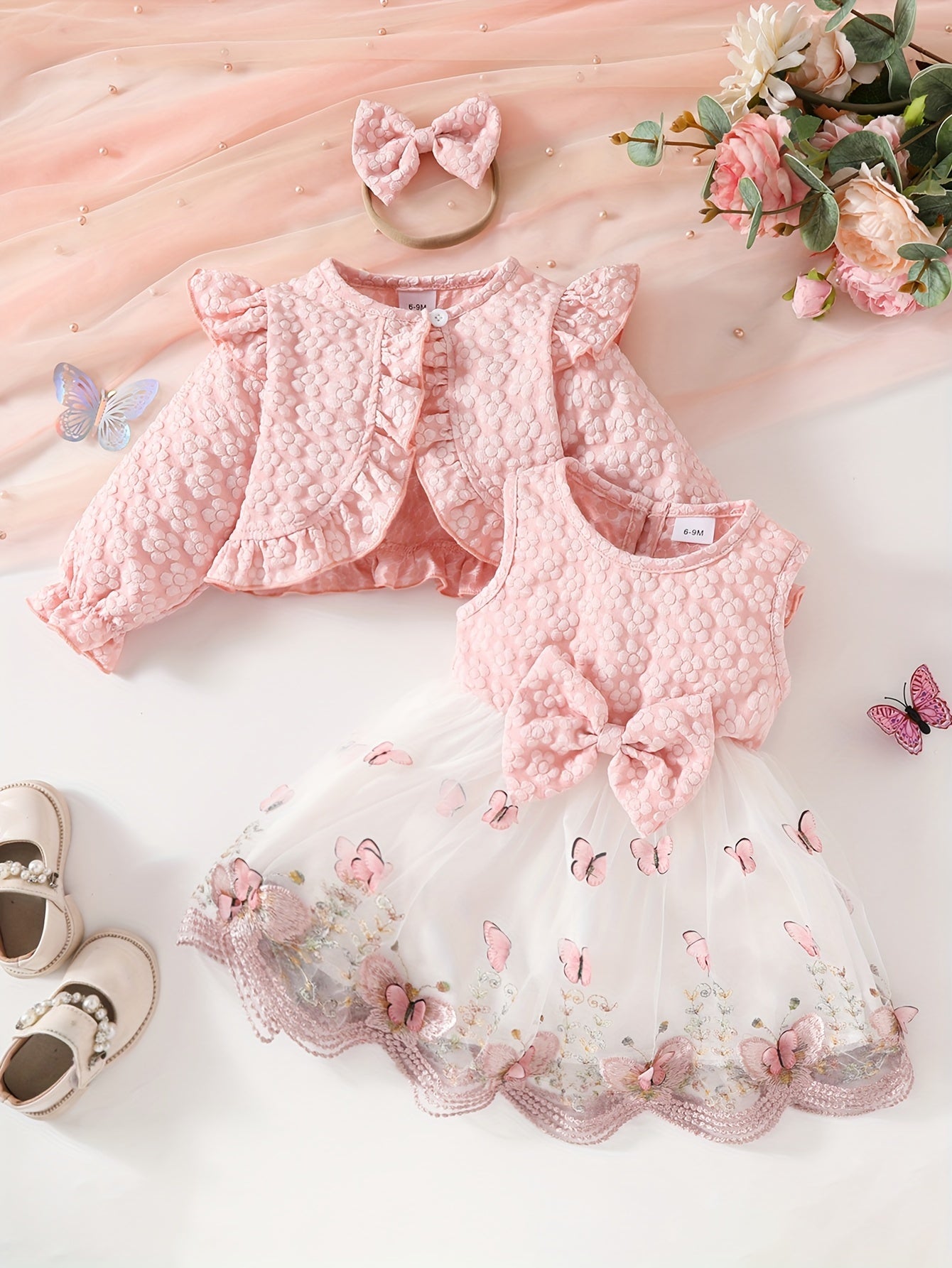 Girls' Long Sleeve Butterfly Pattern Tulle Dress Set with Crop Top and Bow Headband for Fall Winter