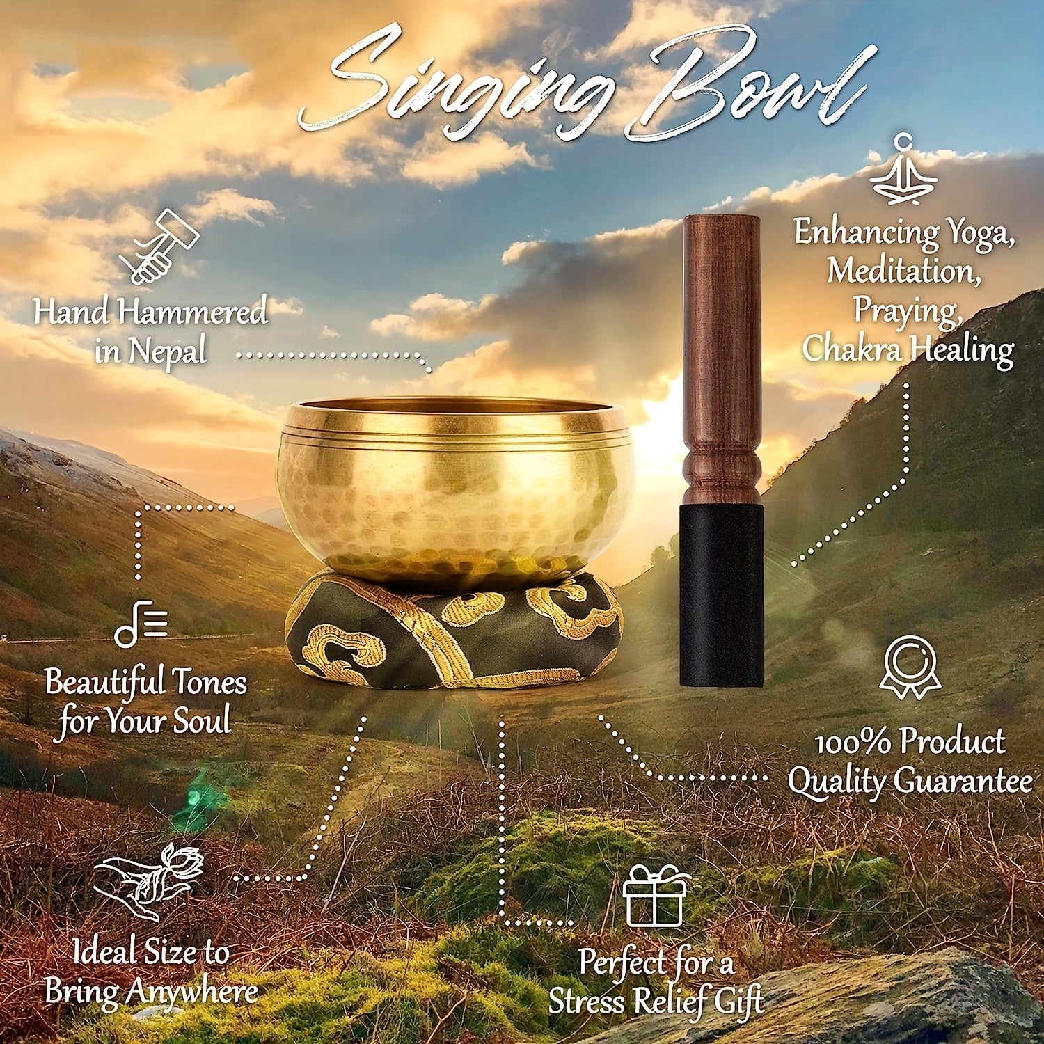 Conjunto de cuencos cantores martillados a mano para meditación y relajación con mazo y estuche de cobre y bronce