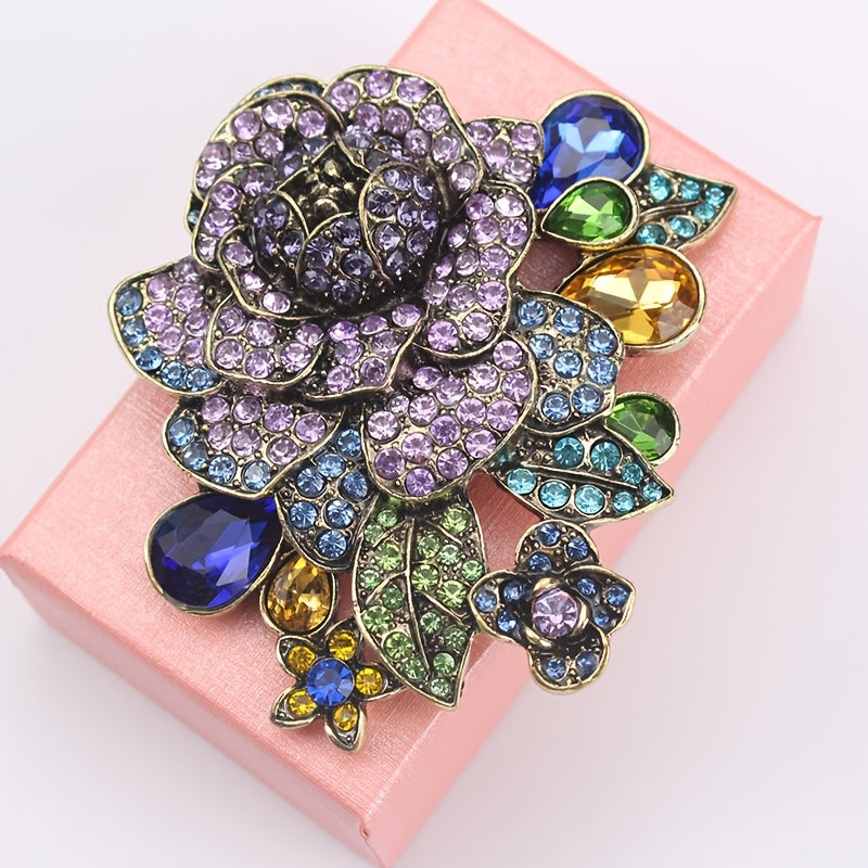Vintage Purple Rhinestone Flower Brooch with Diamond Accents for Coat Jacket Suit