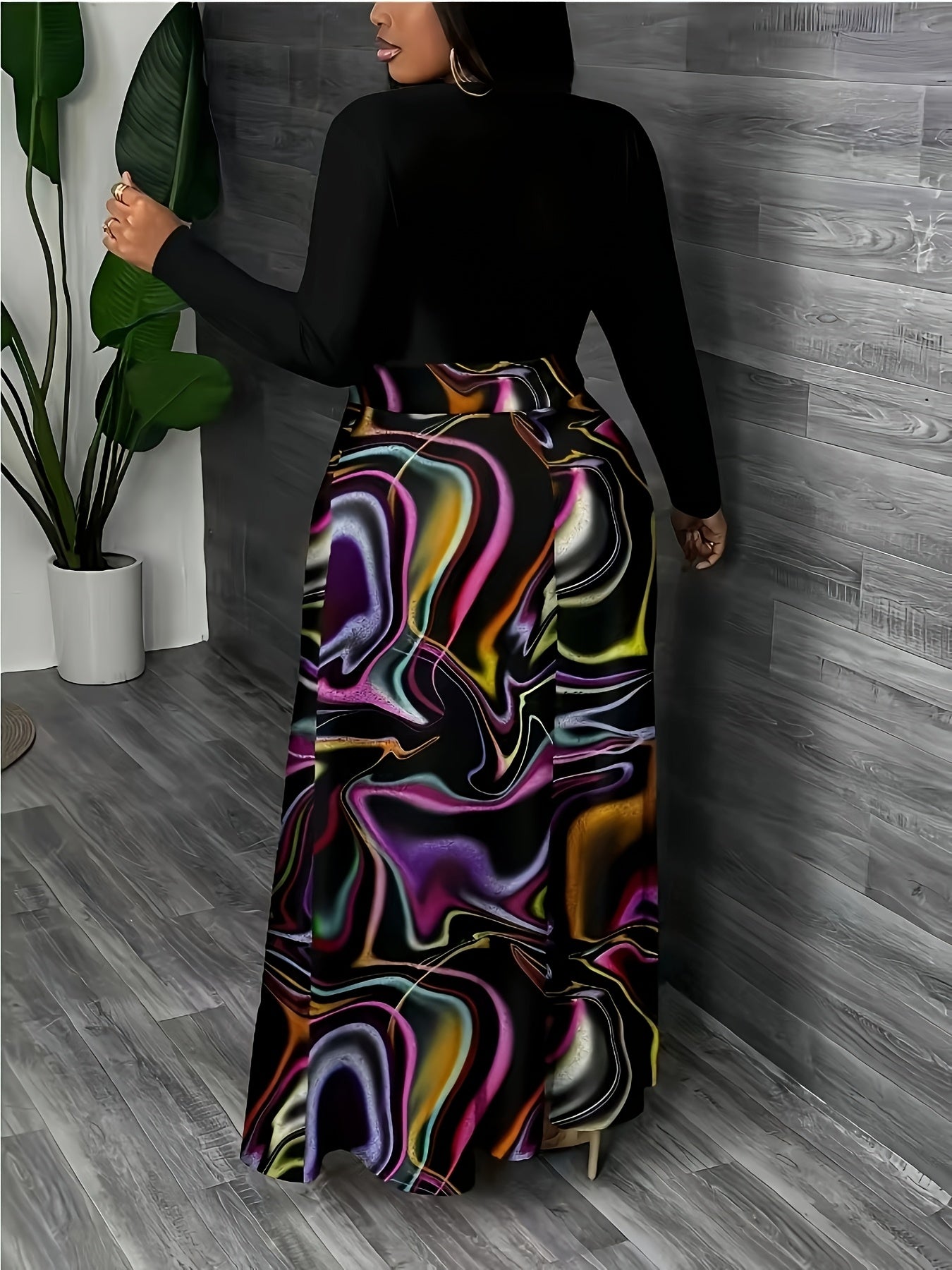 Falda larga de talla grande para mujer de cintura alta con patrón abstracto