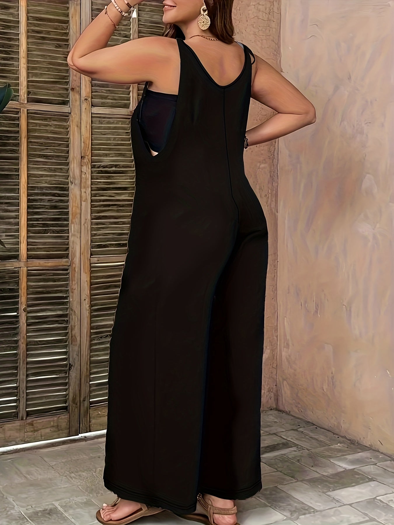 Plus Size Black Sleeveless Jumpsuit for Women Wide-Leg High-Waisted Summer Casual Formal
