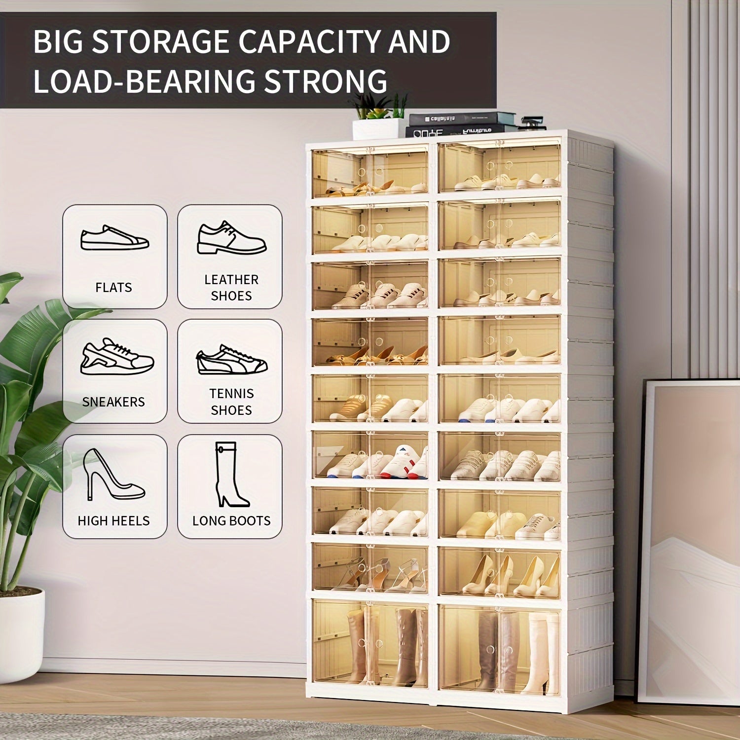 Foldable Shoe Rack with 6/9 Tiers and Clear Stackable Shoe Box for Closet Organization