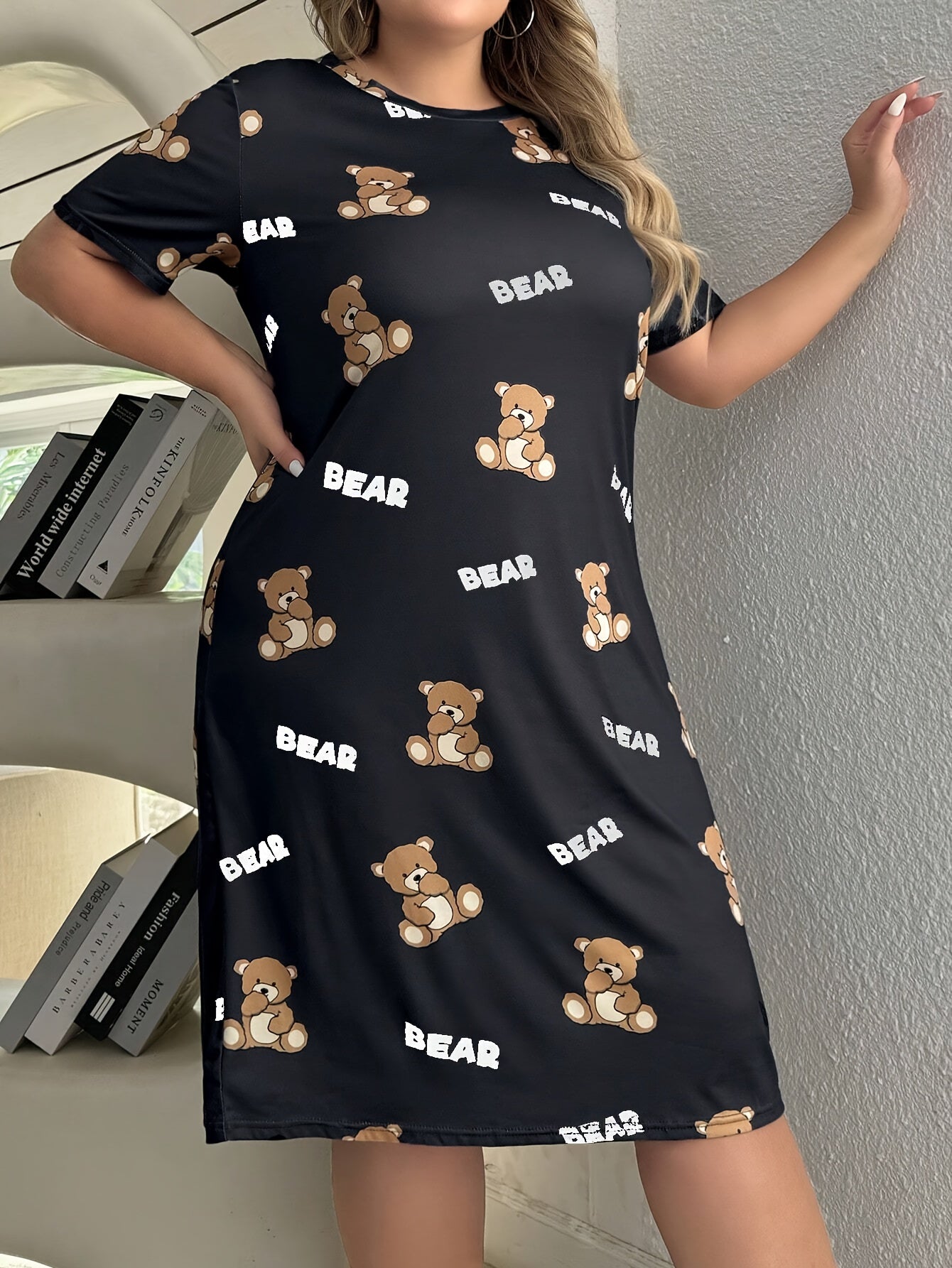 Plus Size Women's Cotton Cartoon Bear Sleep Dress Short Sleeve Nightwear