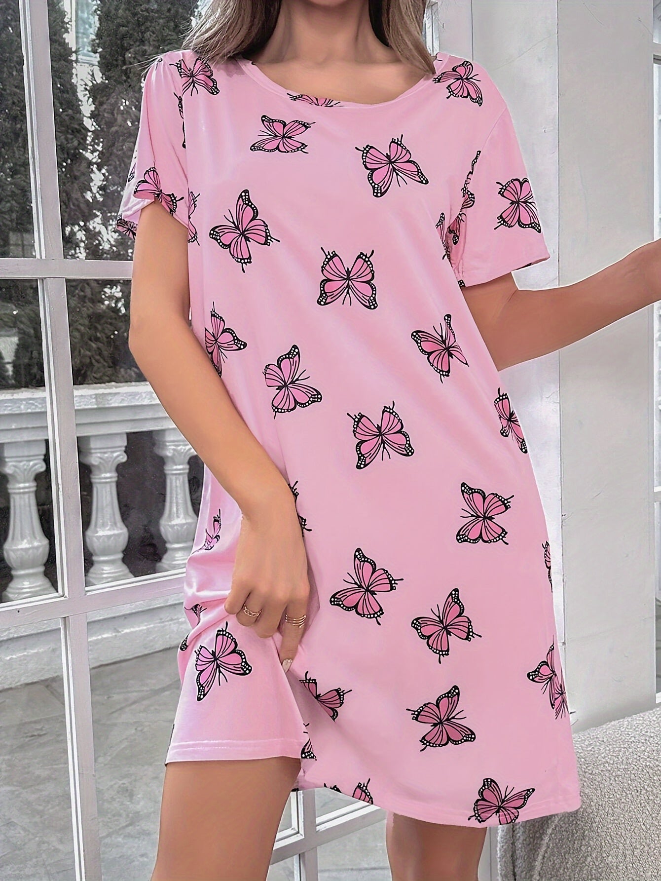 Butterfly Print Nightdress for Women Short Sleeve Crew Neck Summer Sleepwear