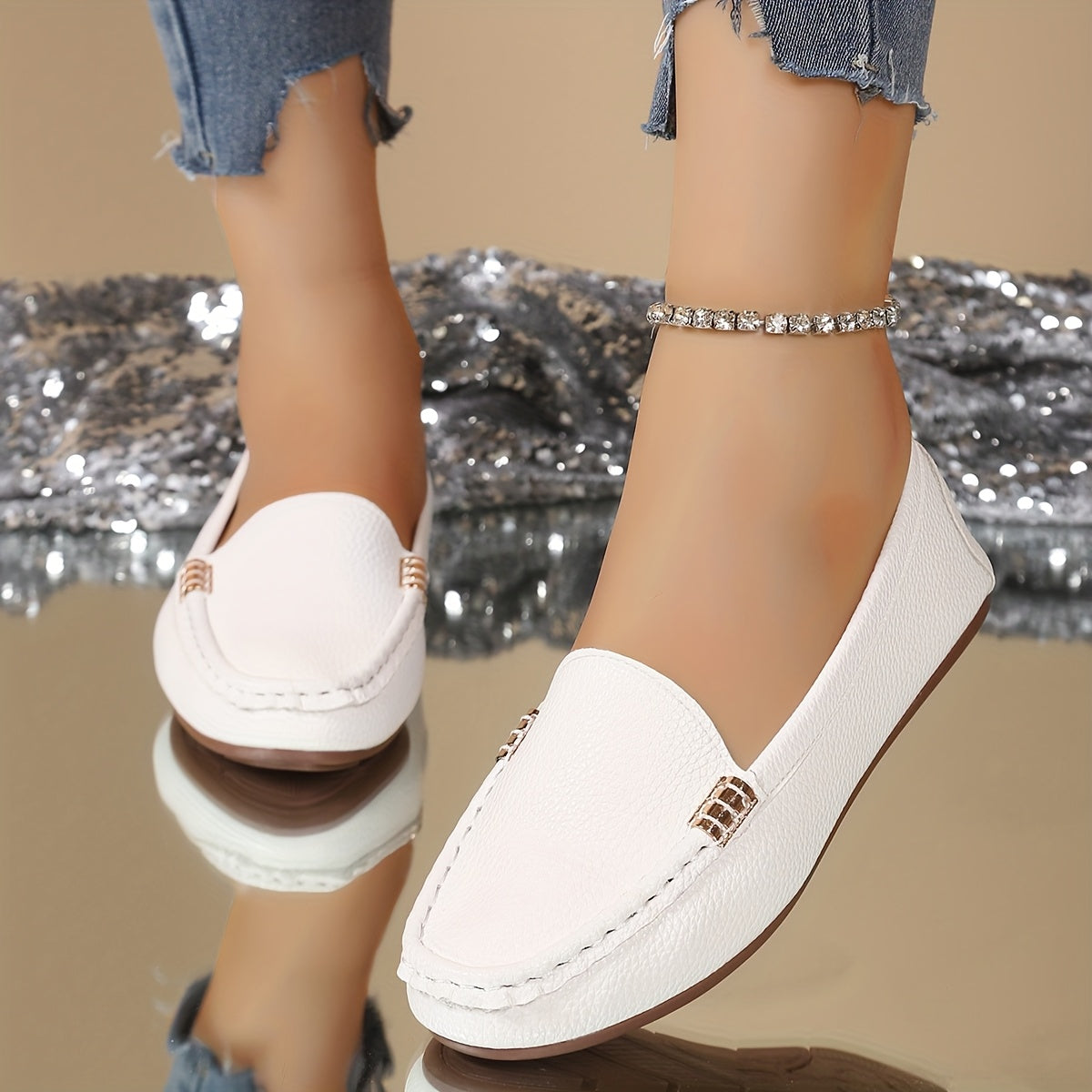 Women's Slip-On Flats White Rubber Sole All-Season Casual and Formal Shoes