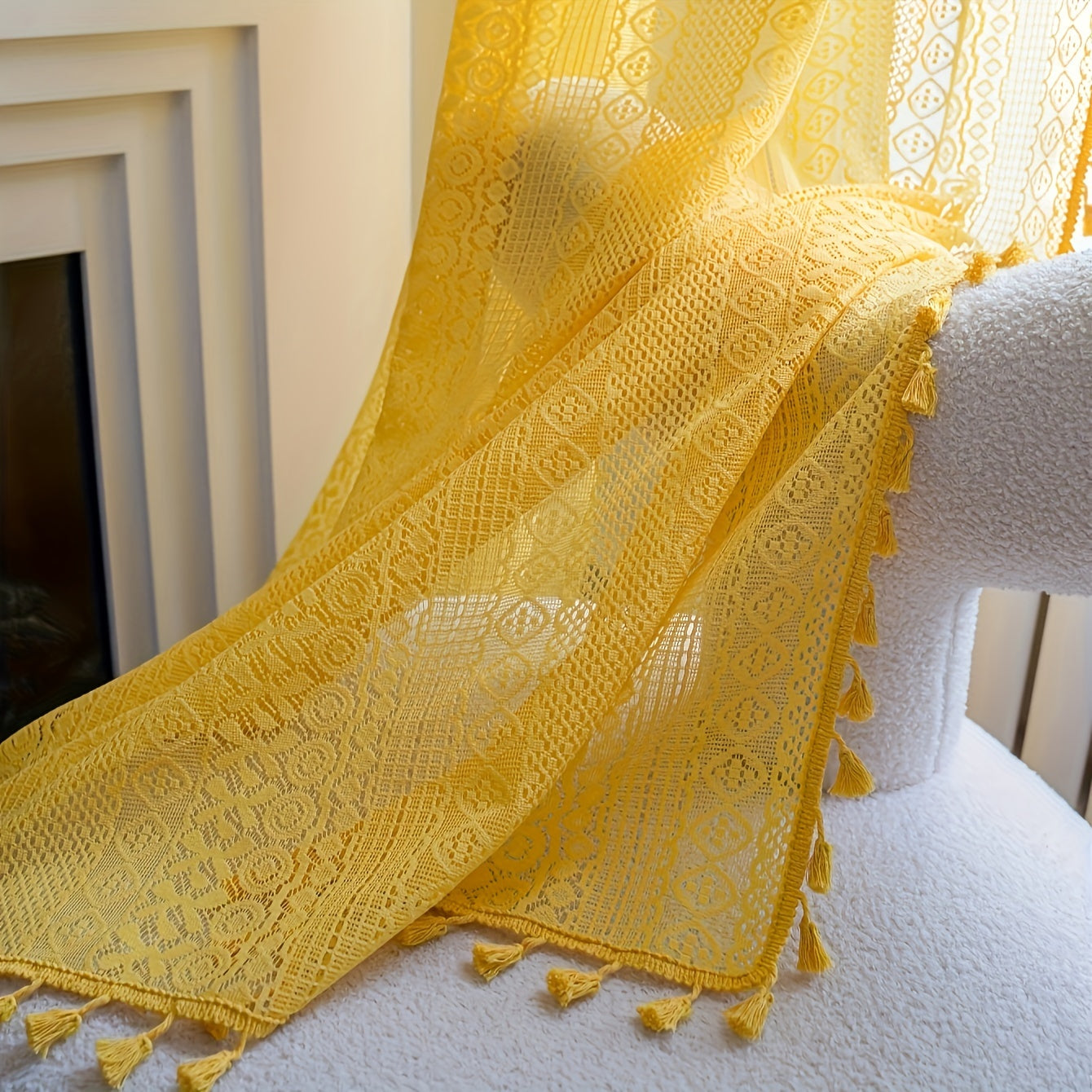 Cortinas de estilo bohemio Pop Hollow Beige con borlas, juego de cortinas translúcidas para sala de estar y dormitorio