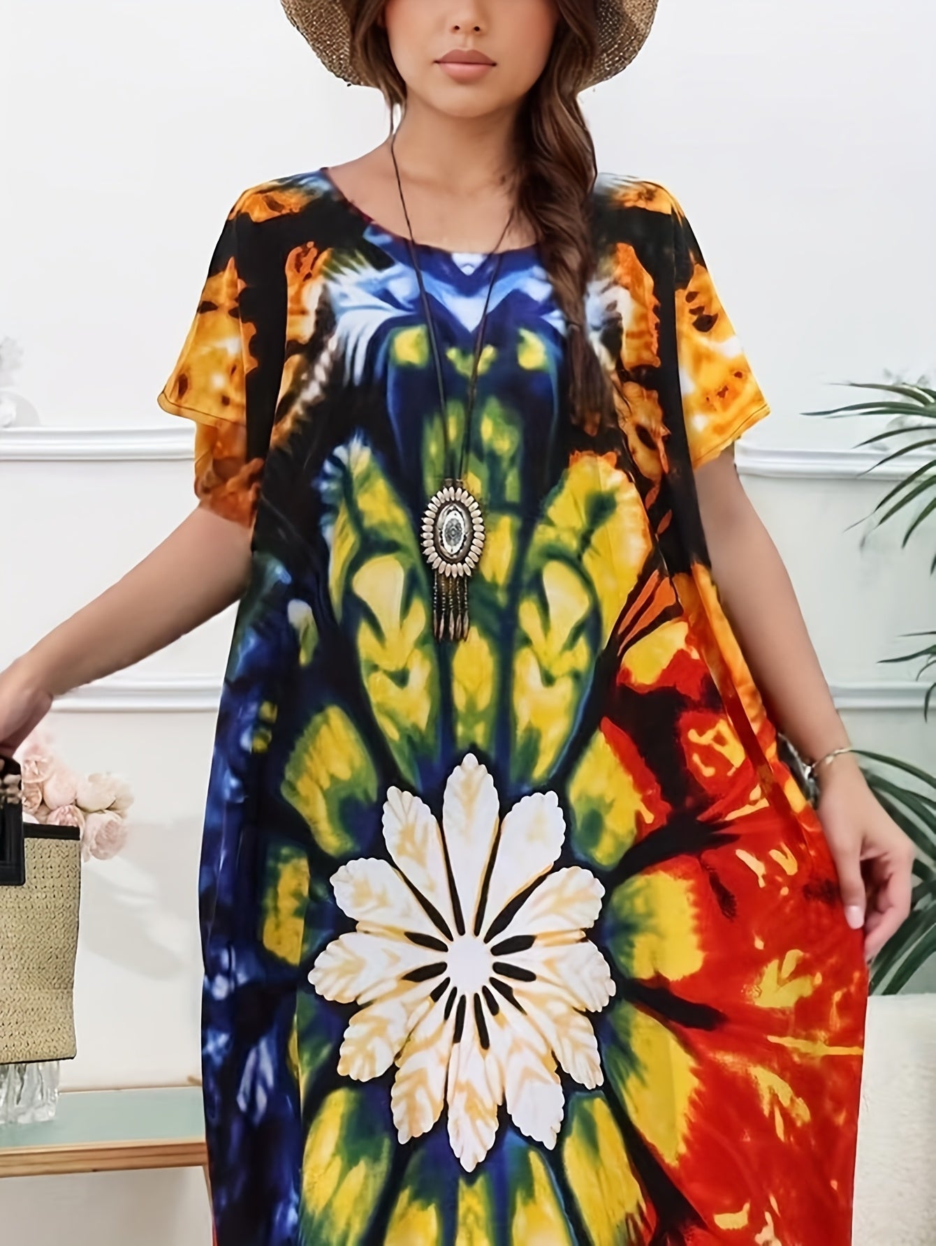 Vestido largo bohemio de girasoles para mujer, ajuste suelto, para verano y playa