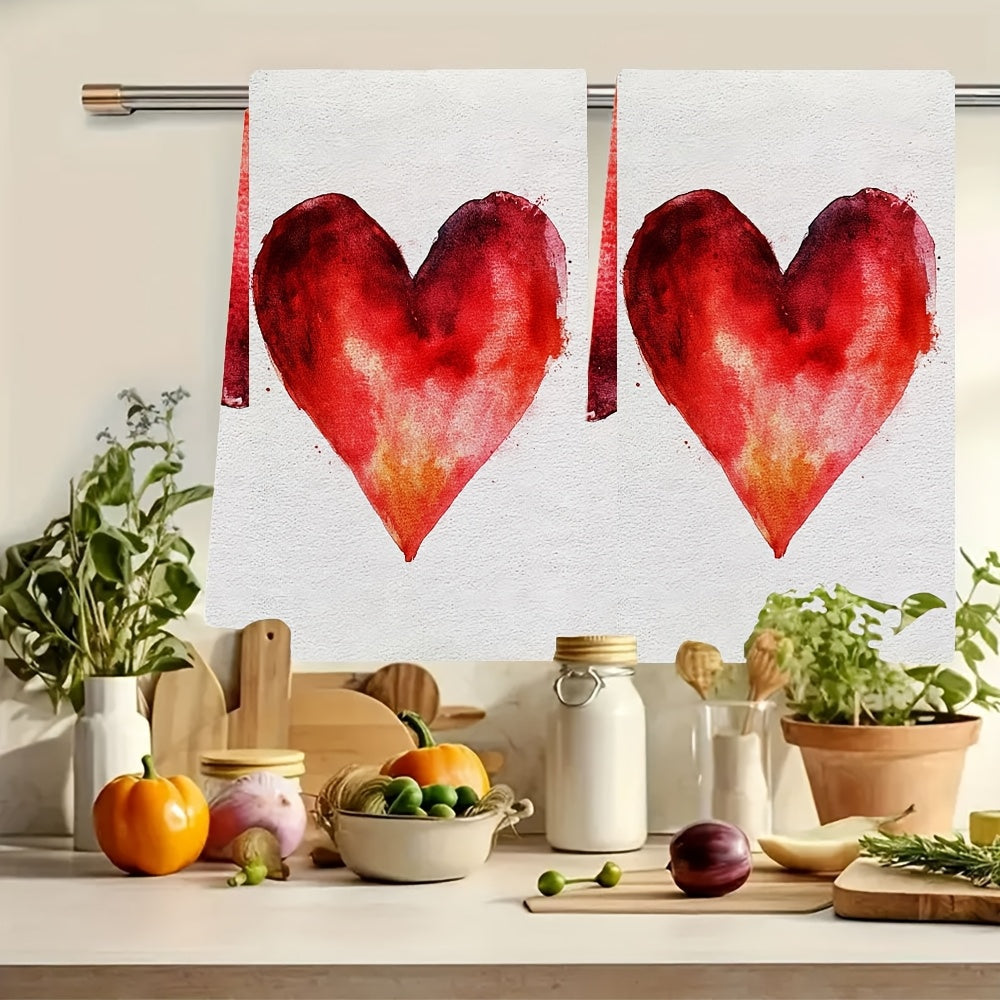 Set of 2 Soft Kitchen Towels with Heart Design, 16x24 Inches, Absorbent