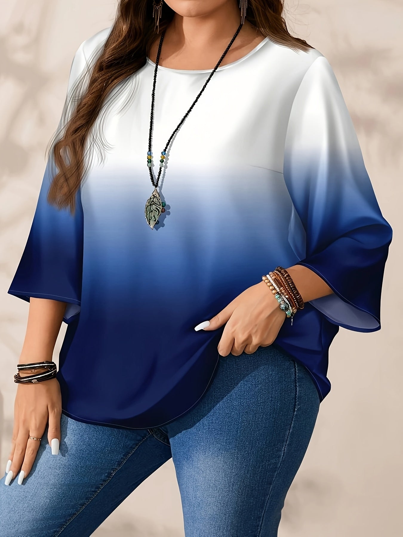 Plus Size Women's Gradient Blouse Office Wear Mid-Length Three-Quarter Sleeves Polyester