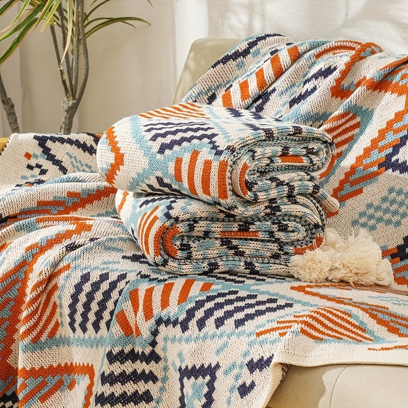 Bohemian Geometric Pattern Blanket with Tassels for Couch or Bed