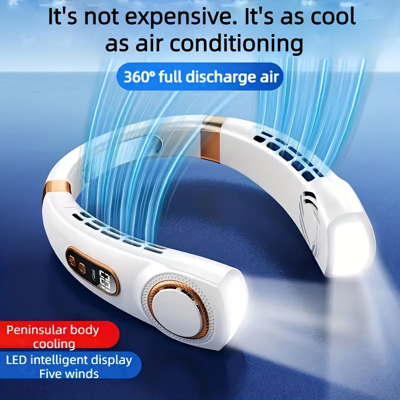 USB Neck Fan with Adjustable Speed LED Display Rechargeable Battery Lightweight for Outdoor Activities