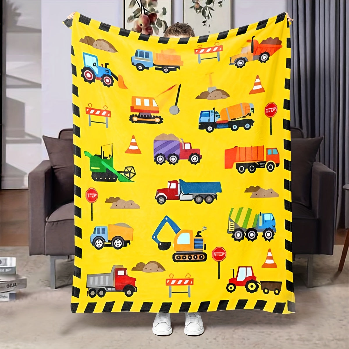 Пуховое фланелевое одеяло с изображением строительной техники - Уютный дизайн экскаватора и самосвала, универсальный азиатский стиль - Легкий вязаный чехол для всех сезонов, 100% полиэстер, дышащий и мягкий