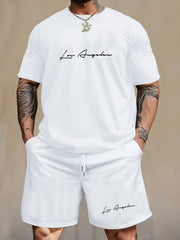 Men's Casual 2-Piece Pajama Set with Los Angeles Print Short Sleeve T-Shirt and Knee-Length Shorts