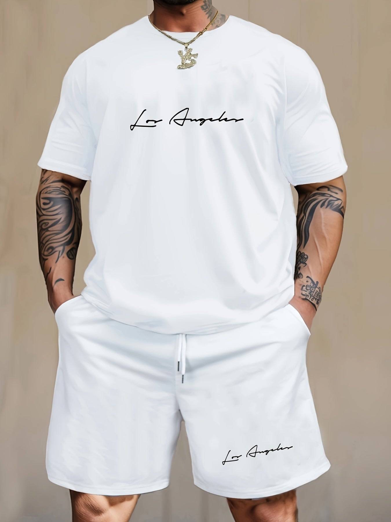 Men's Casual 2-Piece Pajama Set with Los Angeles Print Short Sleeve T-Shirt and Knee-Length Shorts