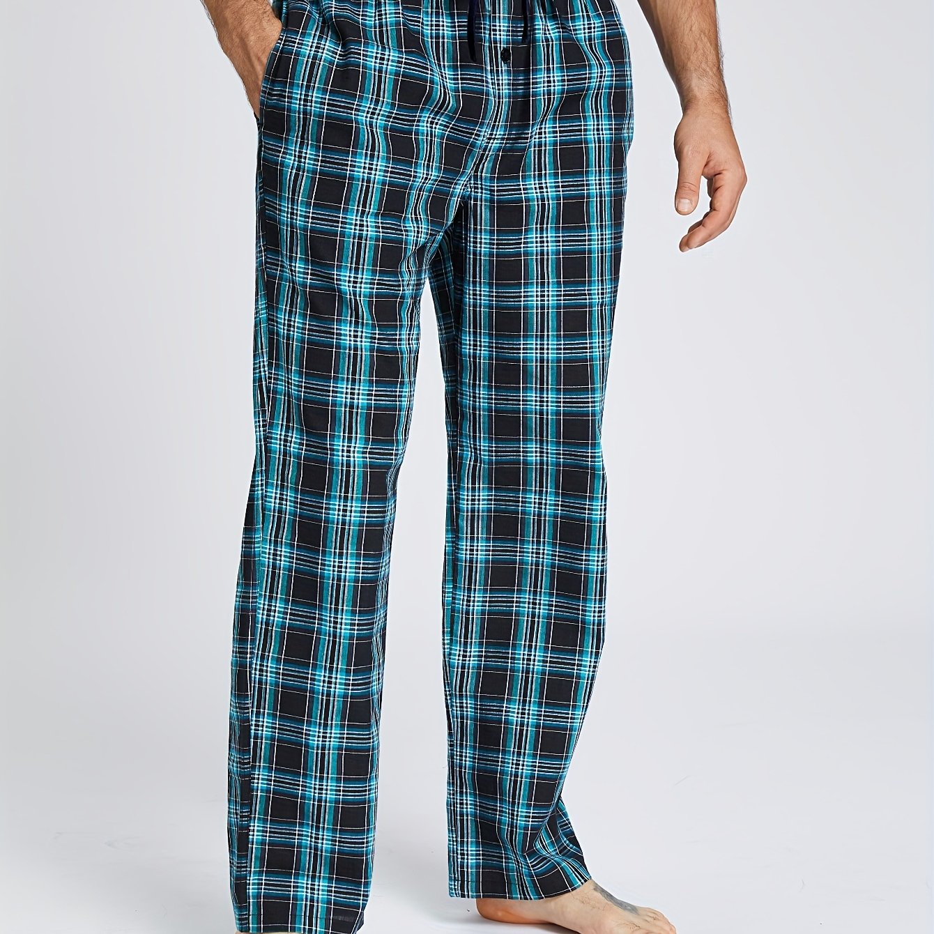 Men's Cotton Plaid Lounge Pants with Pockets Casual Sleepwear Skinny Fit