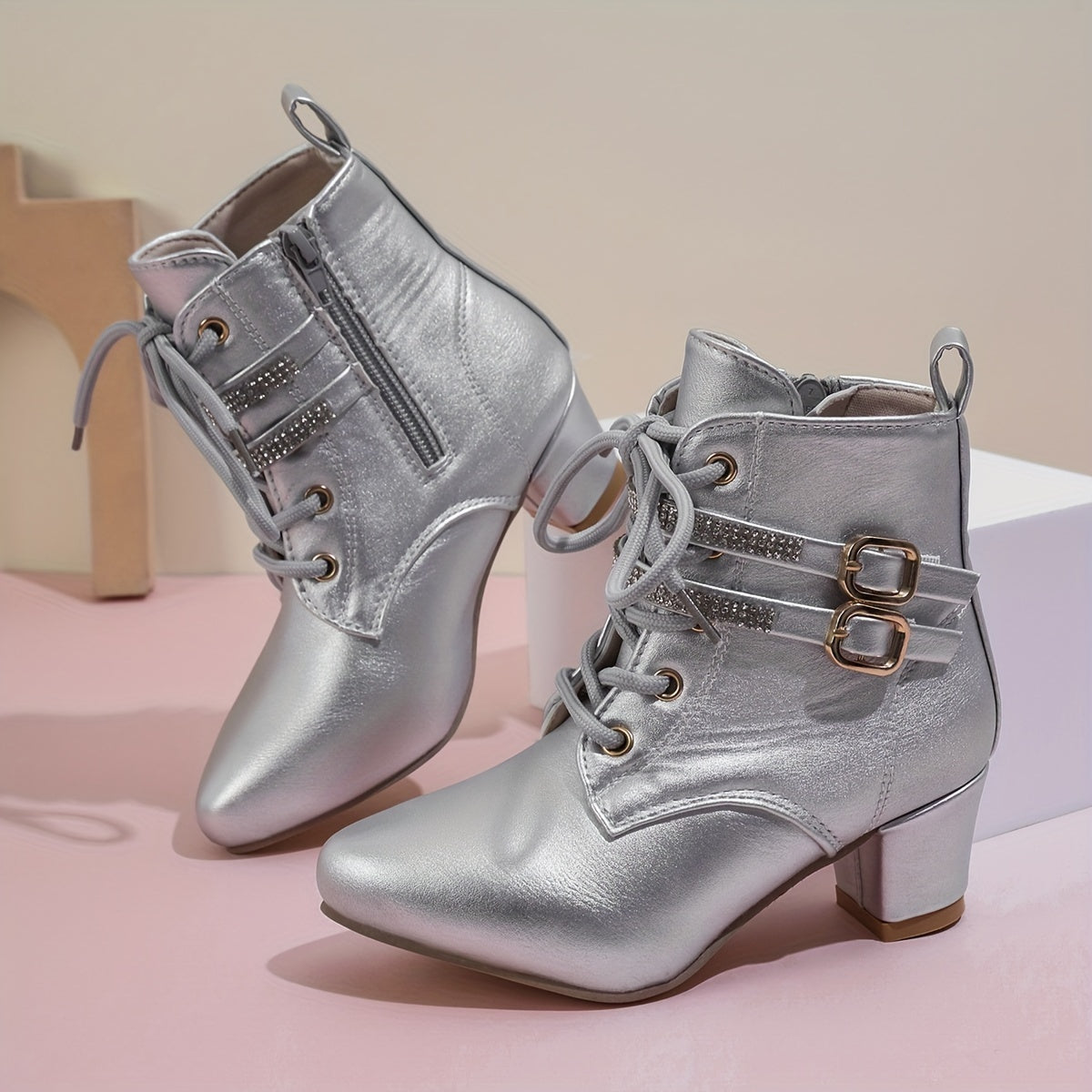 Women's White Ankle Boots with Golden Buckles Side Zipper Chunky Heel
