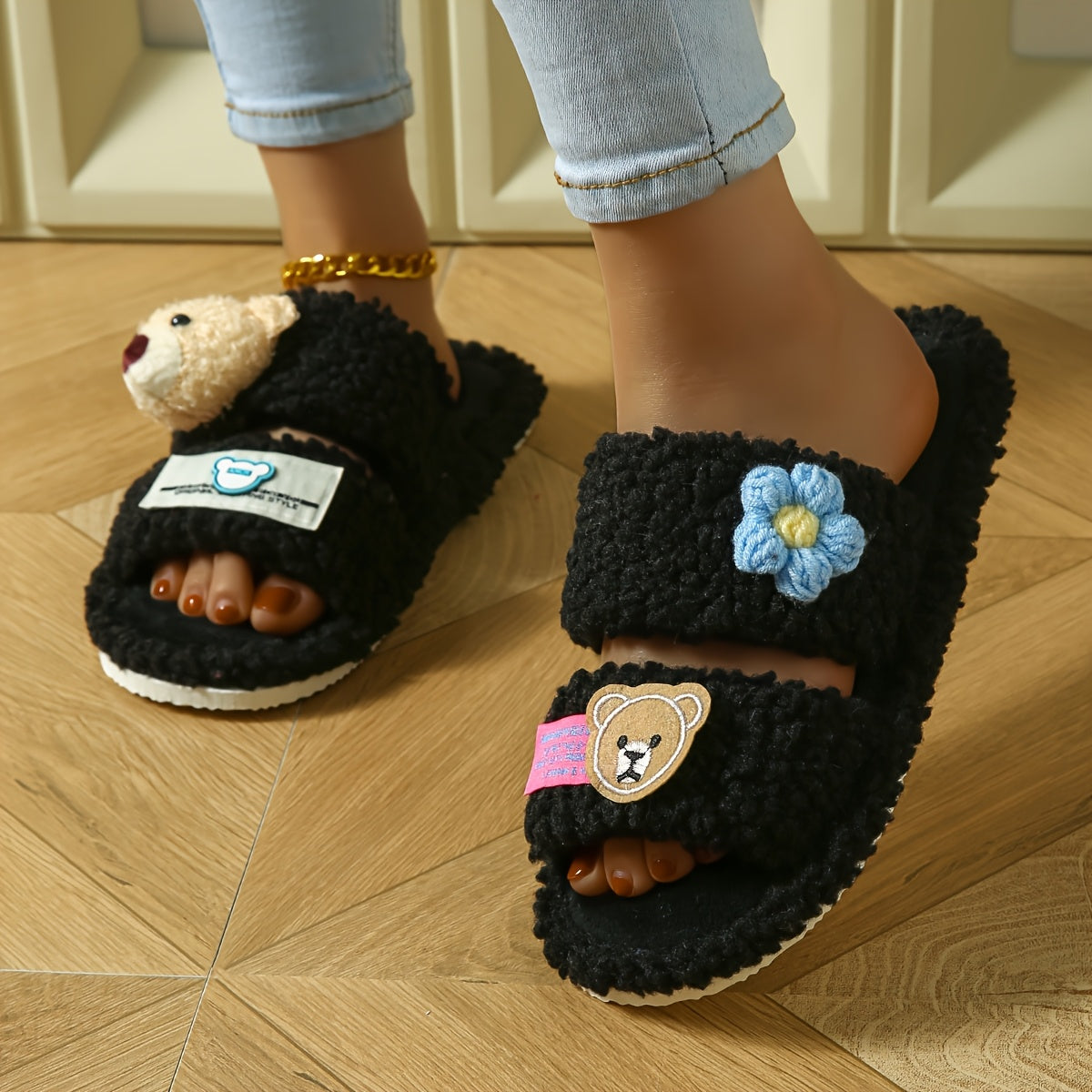 Women's Plush Cartoon Bear Slippers EVA Lightweight Open-Toe Indoor Shoes Black