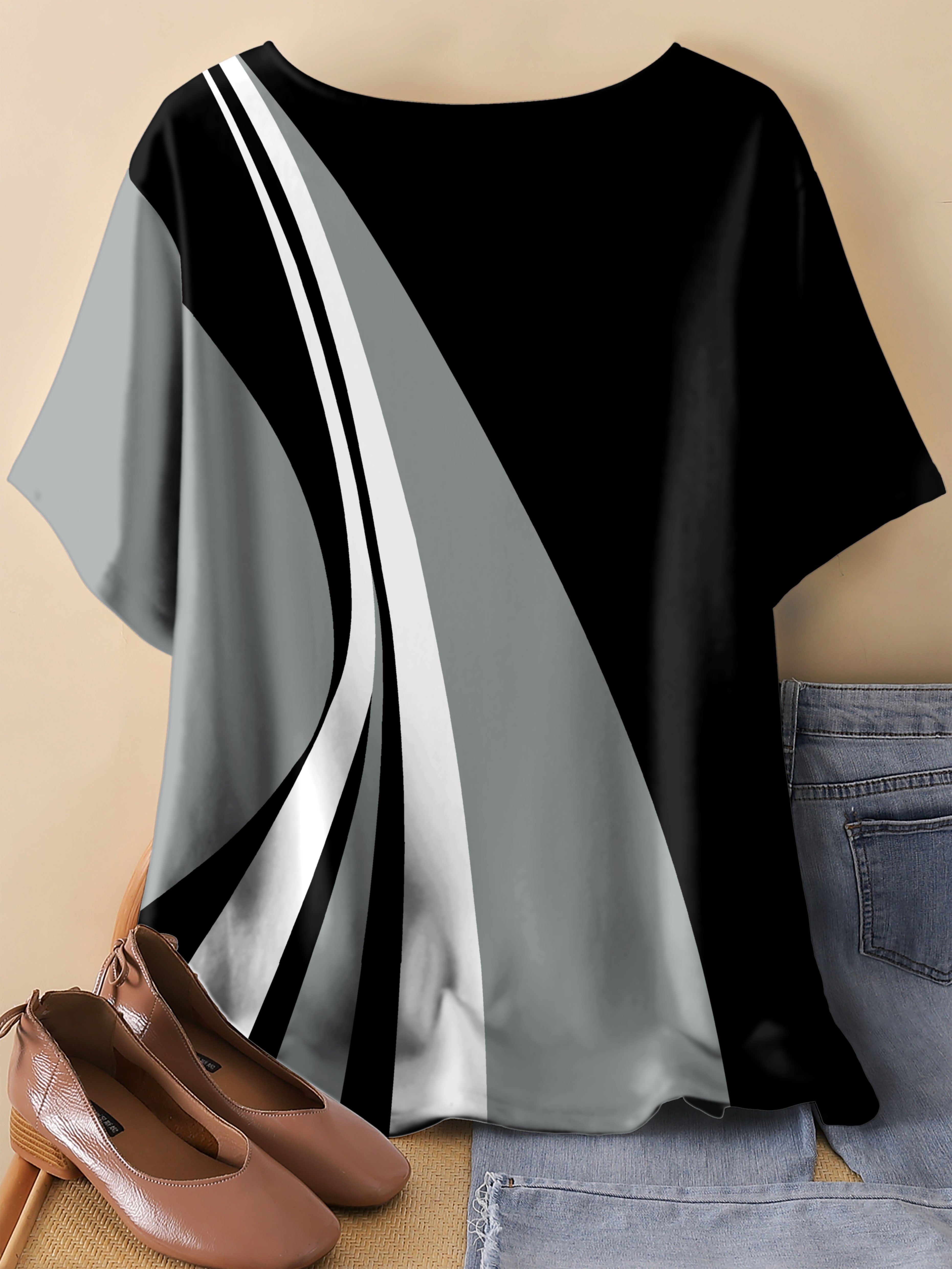 Футболка большого размера с цветными блоками для женщин, повседневная, короткий рукав, весна-лето, полиэстер