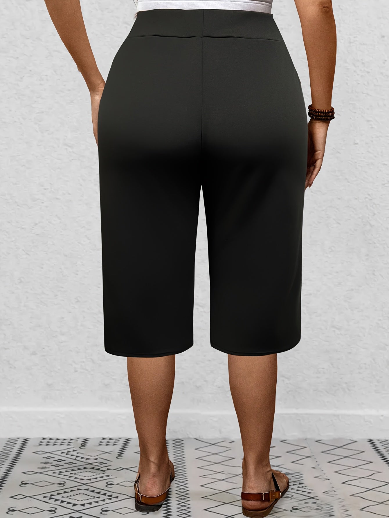 Pantalones de talla grande para mujer, elásticos, de longitud media, lisos, negros, casuales y semi-formales