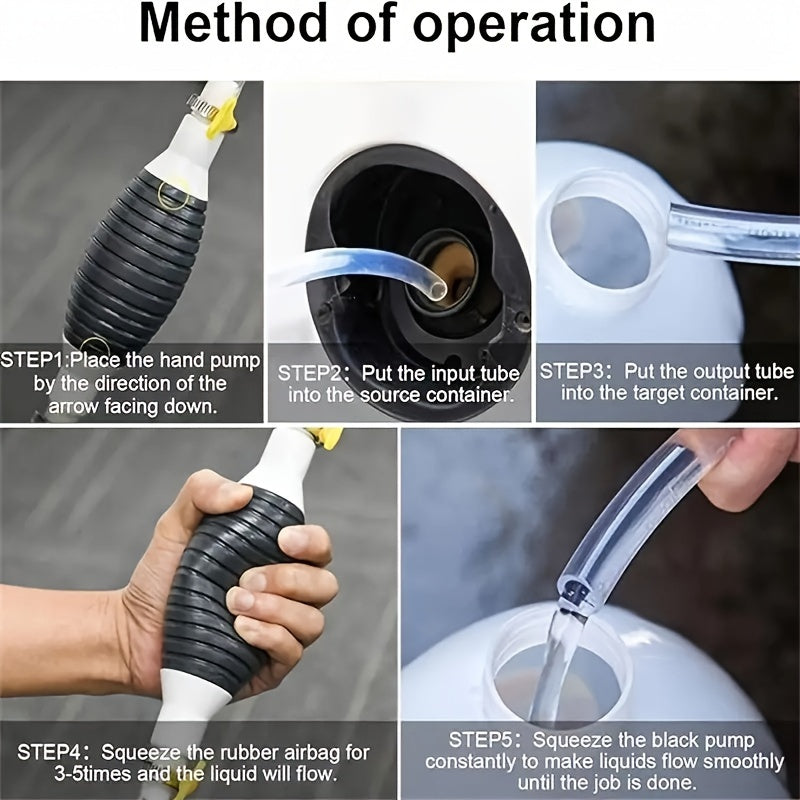 Qoʻlda yonilgʻi oʻtkazish nasosi, 3.05m PVC shlang bilan, benzin, dizel, suv uchun