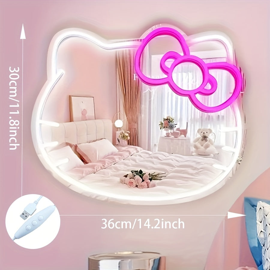 Hello Kitty Neon Sign Mirror with Dimmable LED Light for Bedroom Living Room Kid's Room