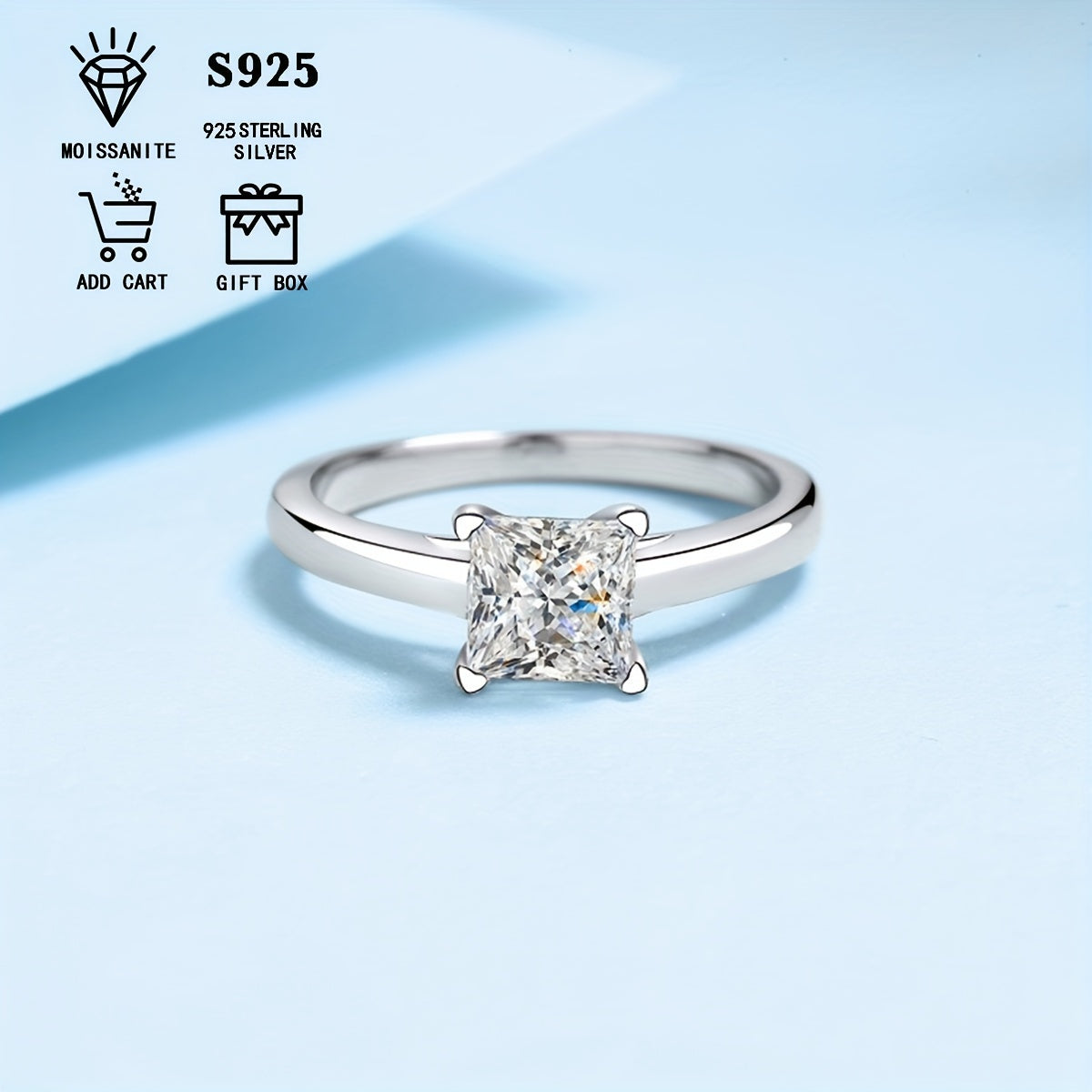 Women’s Moissanite Square Princess Cut Ring 1-3 Carat Sterling Silver Hypoallergenic Gift