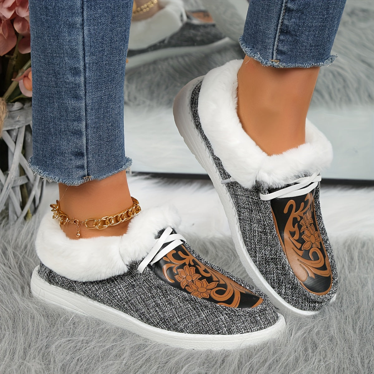 Ayollar uchun qorli botlar, mo'ynali ichki qismi, EVA taglik, sirpanishga qarshi, kulrang, qishki poyabzal