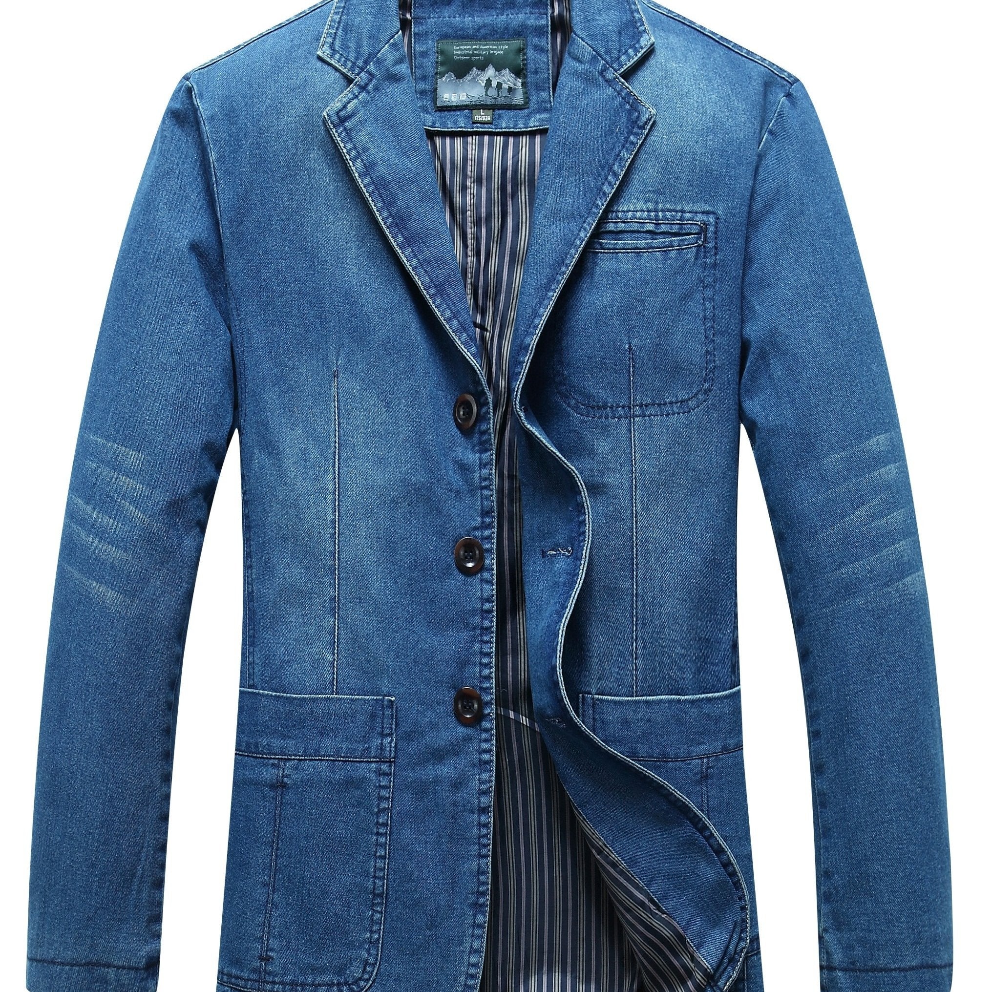 Men's Water-Resistant Denim Blazer with Long Sleeves, Button Closure, Flap Pockets