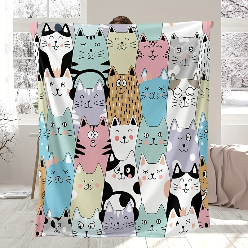 Soft Warm Cartoon Cat Animal Letter Print Flannel Blanket for All Seasons