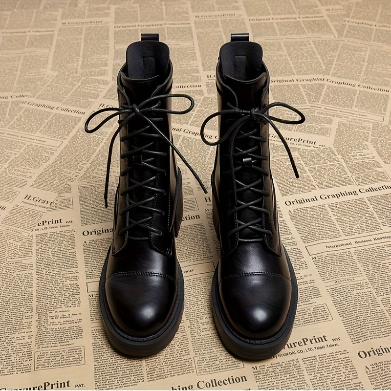 Ayollar uchun qora qalin o'rta poyabzal, tizzaga chiqadigan, charm, bog'lamli, kundalik va rasmiy kiyim uchun