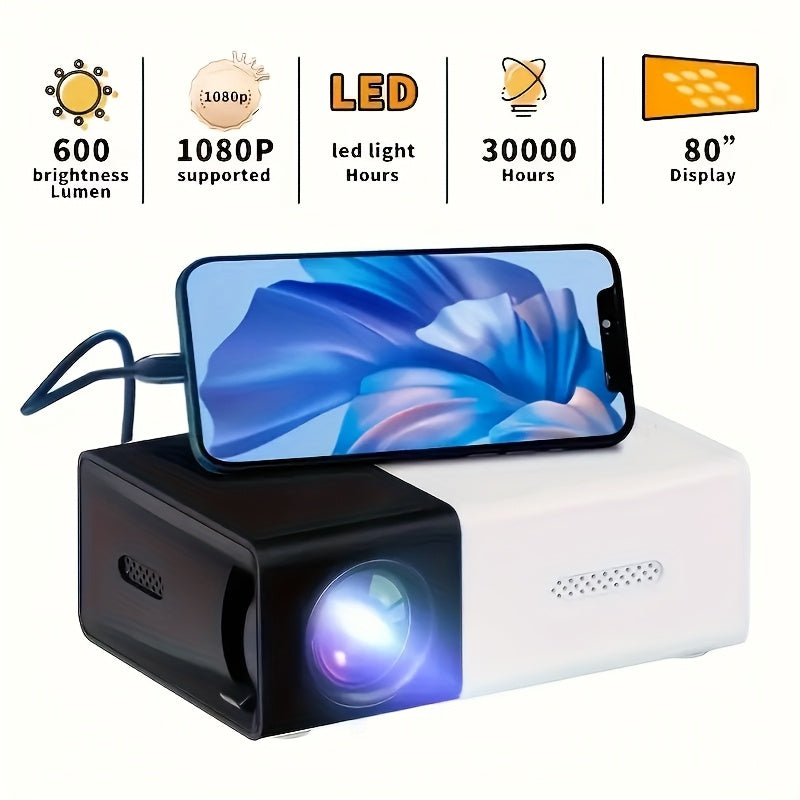Proyector portátil para cine en casa con compartición de pantalla, compatible con smartphones, tablets, USB, tarjetas de almacenamiento AV