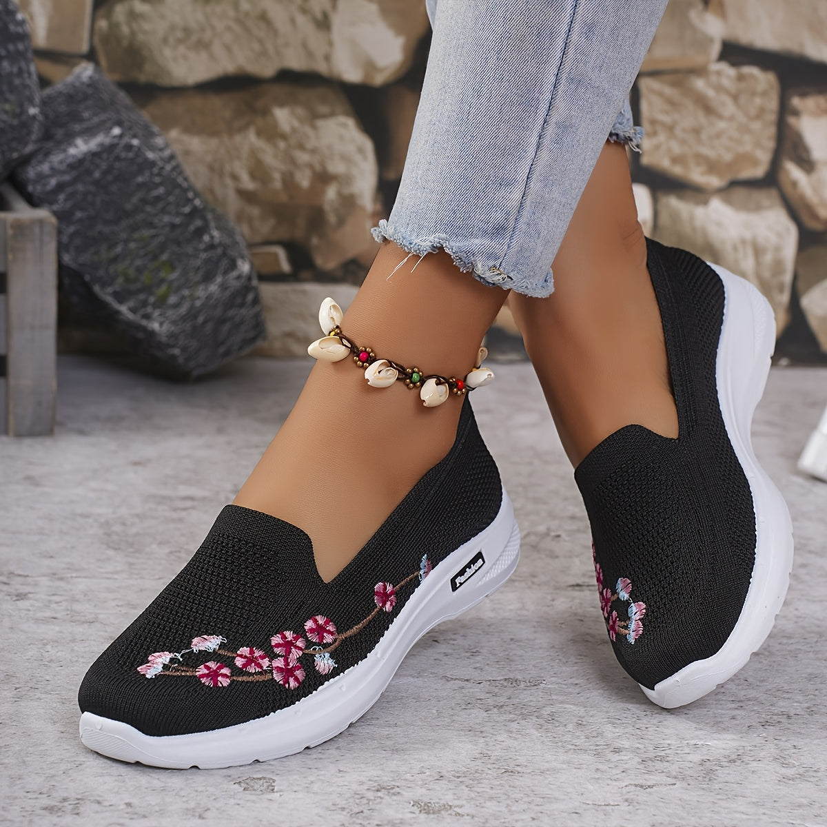 Women's Light Blue Slip-On Sneakers with Floral Embroidery for Summer Walks