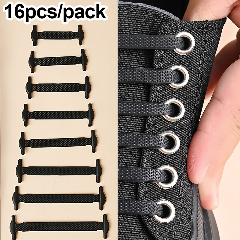 Set of 16 Silicone Stretch Shoelaces for Athletic and Casual Shoes Black White