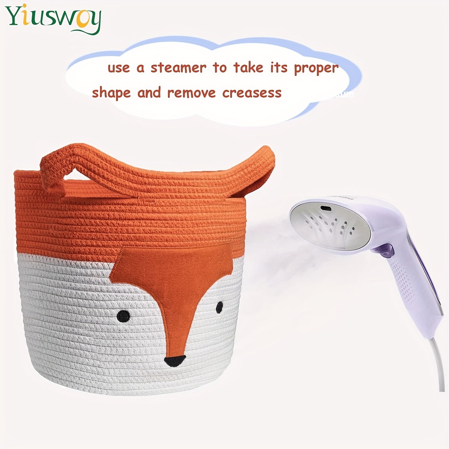 Katta to'qilgan ipdan yasalgan kir yuvish savati, multfilm tulkisi yuziga ega, o'yinchoqlar, kiyimlar va uy hayvonlari uchun kerakli buyumlarni saqlash uchun ideal, to'q sariq va oq ranglarda.