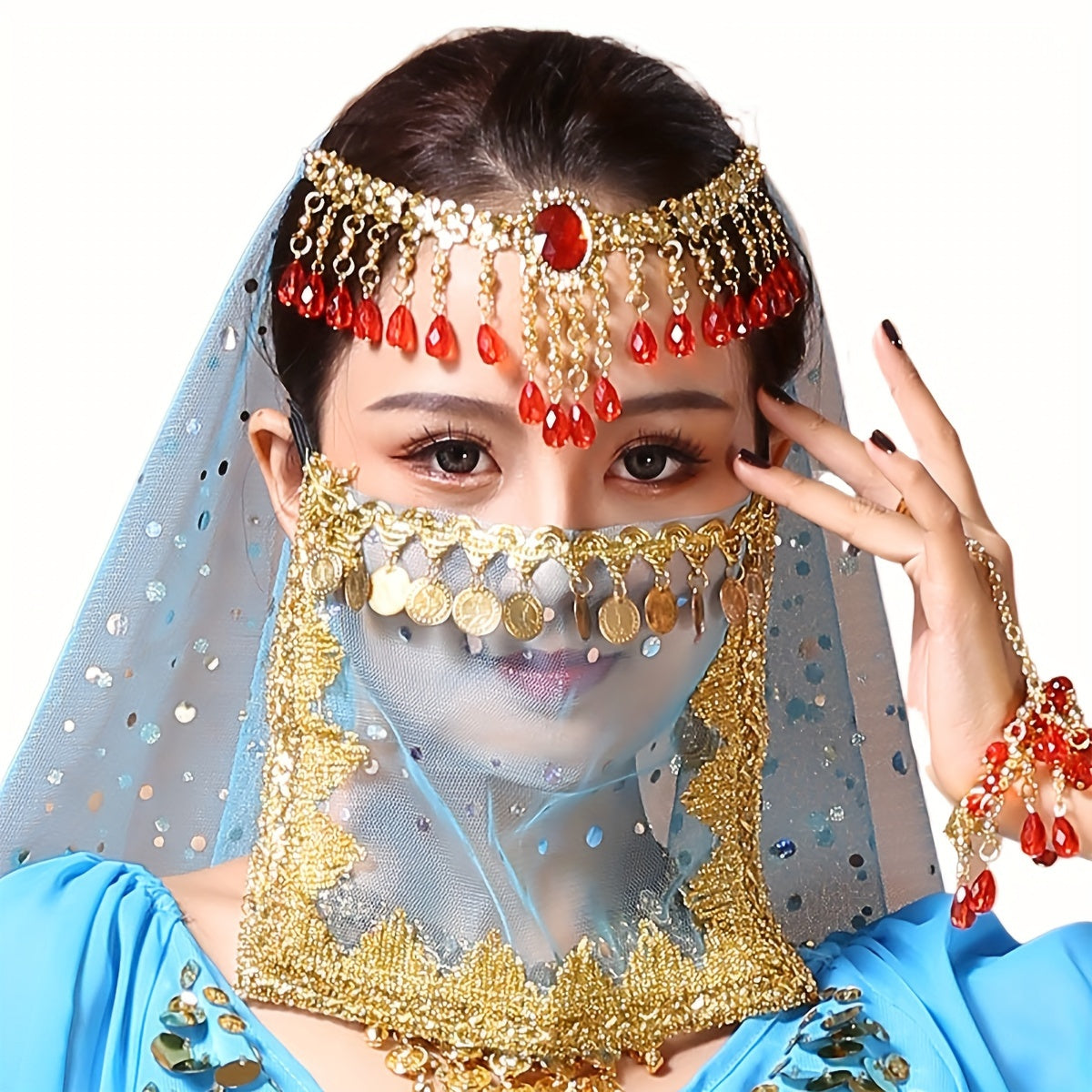 Women's Belly Dance Coin Face Covering Veil for Exotic Western Cosplay Performance