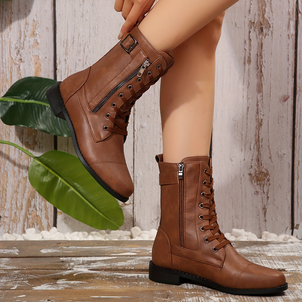 Women's Brown Trendy Short Tube Fashion Boots With Thick Heel
