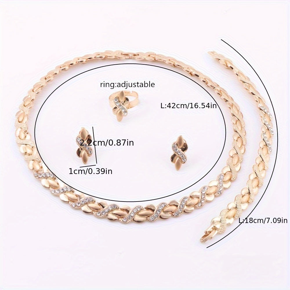 Conjunto de joyería en tono dorado para mujer: collar, pendientes, pulsera y anillo para bodas y eventos