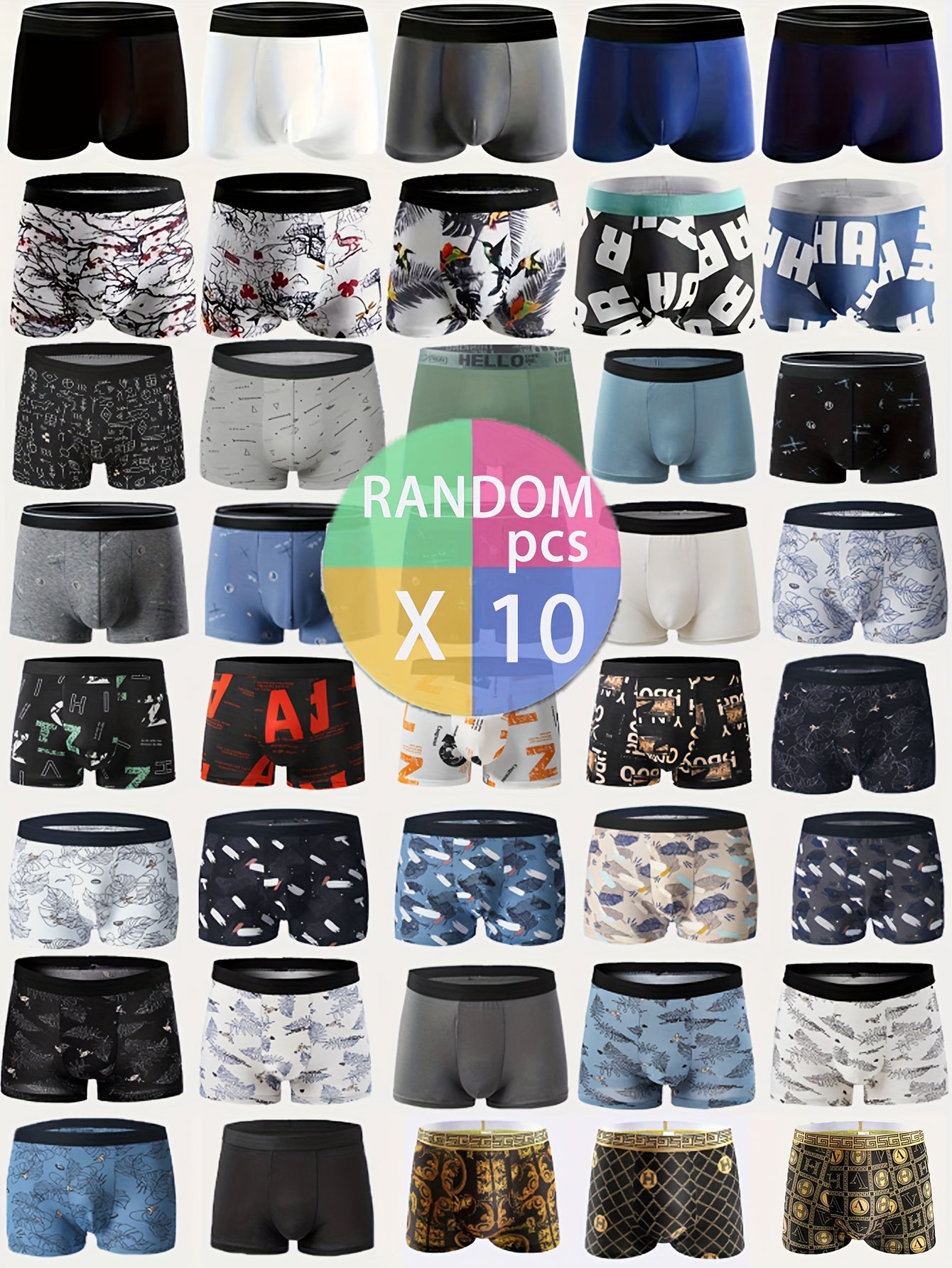 10-Piece Men's Printed Flat Angle Underwear Set Breathable Polyester Spandex
