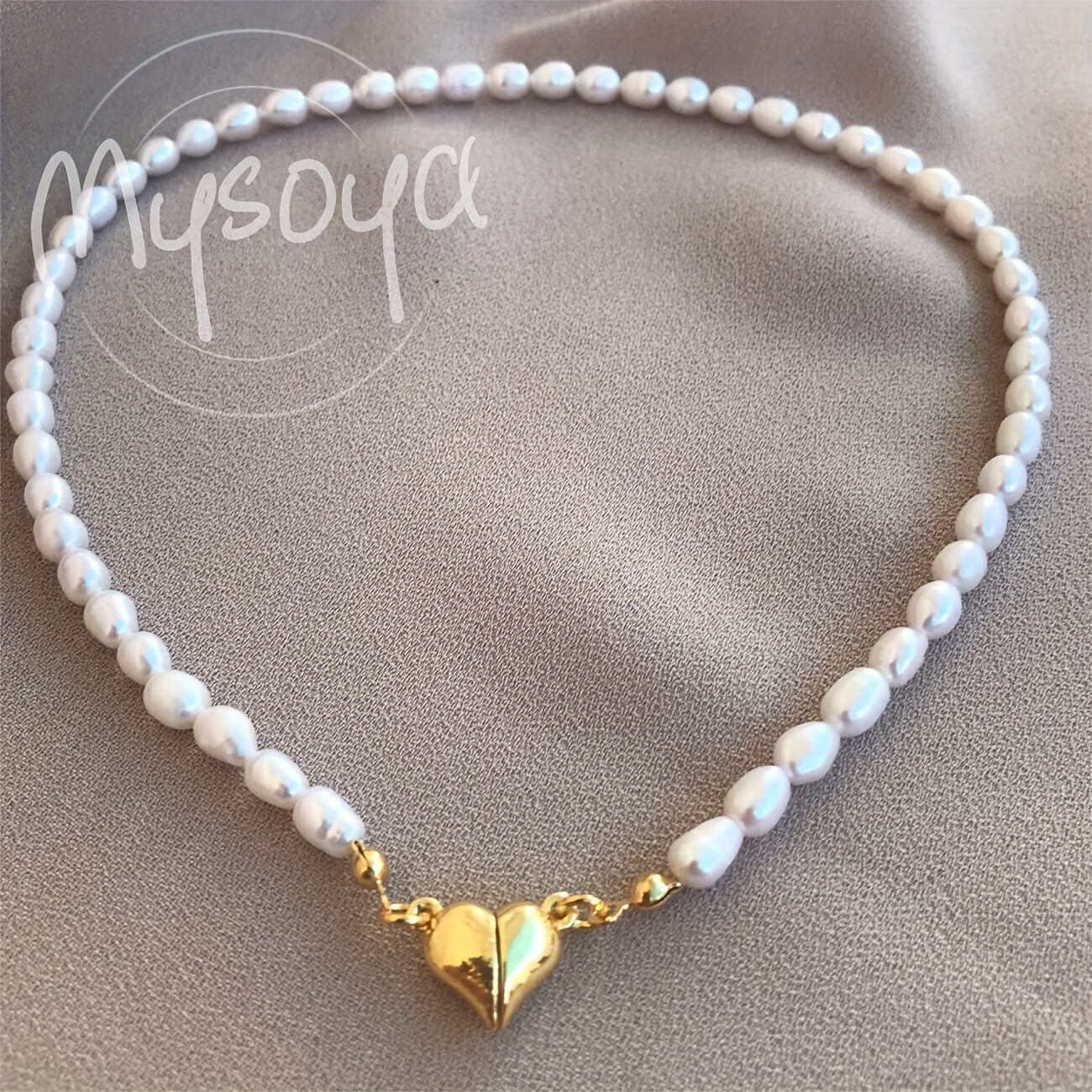 Handmade Necklace with Freshwater Rice-Shaped Pearls and Heart Pendant for Women or Men