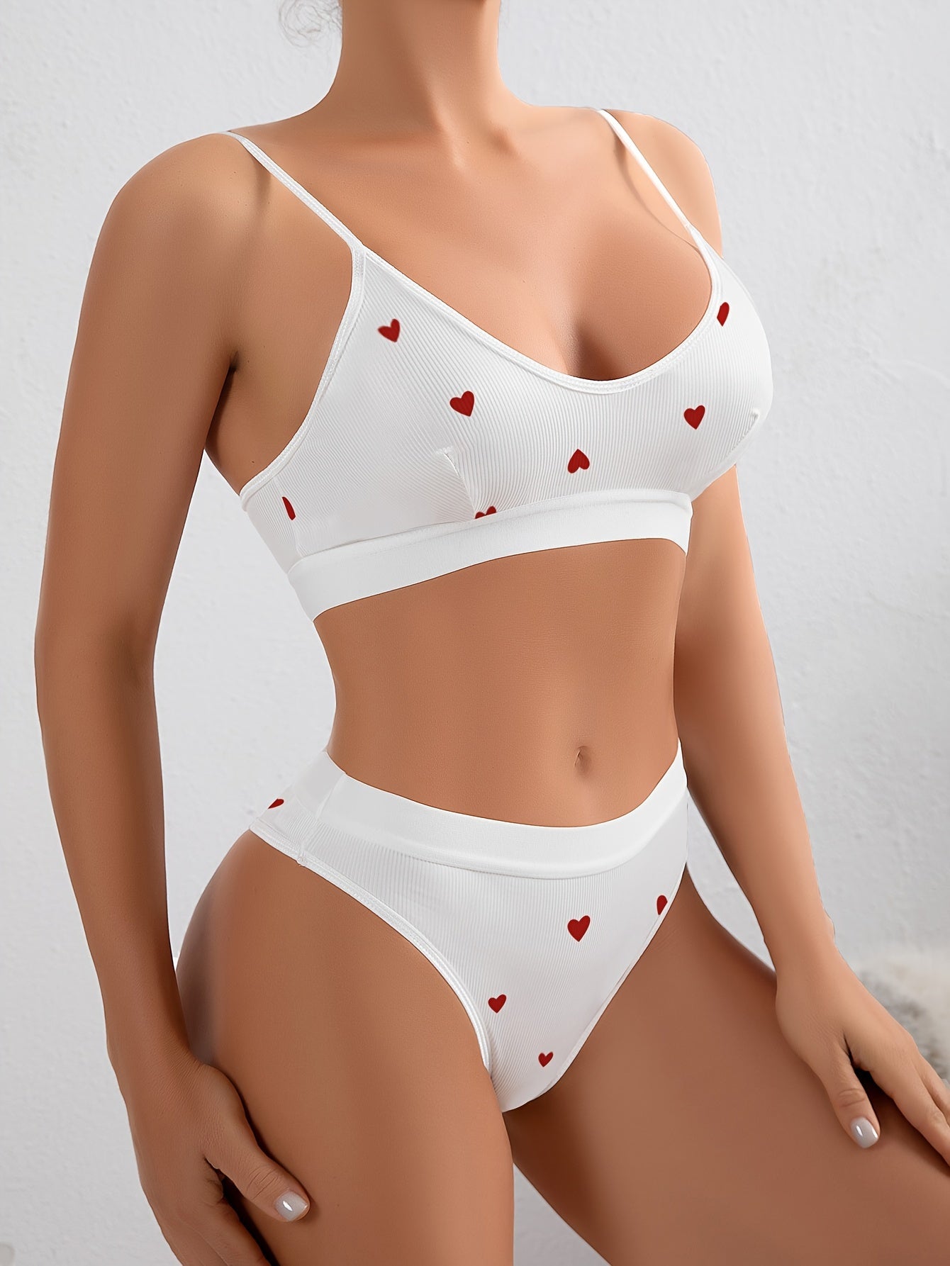 Cherry Print Ribbed Lingerie Set with Elastic Waistband and Elastane Fabric