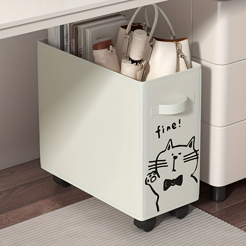 Denim Storage Basket with Cat Design and Wheels for Office Bathroom Home Organizer