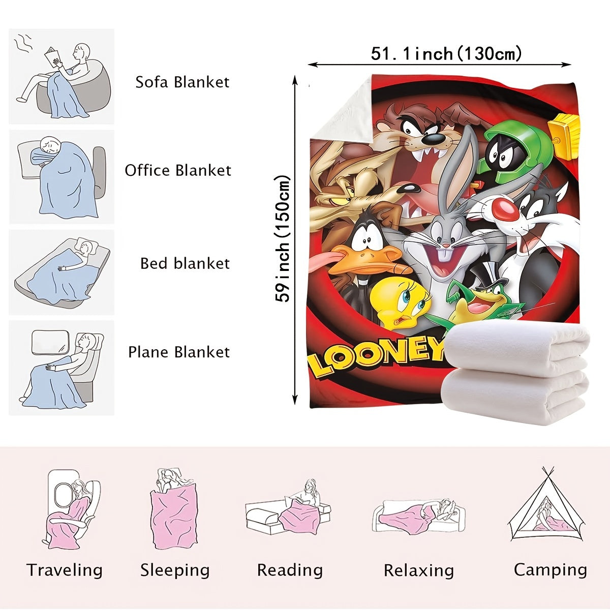 Looney Tunes Cartoon Characters Polyester Knitted Blanket Lightweight Throw for Bed Couch Travel