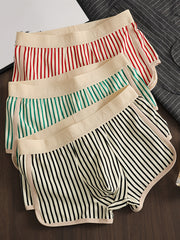 Men's Three-Pack Striped Cotton Underwear with Breathable Flat-Leg Shorts for Spring and Summer Sports