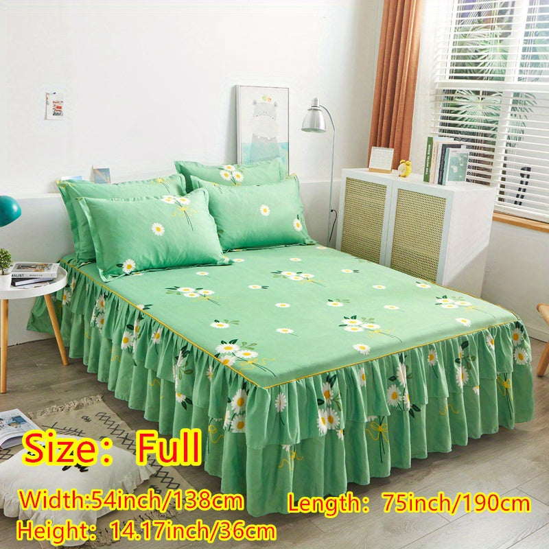 Three-Piece Macrame Bed Skirt Set with Flower Print Non-Slip Bedding for All Seasons